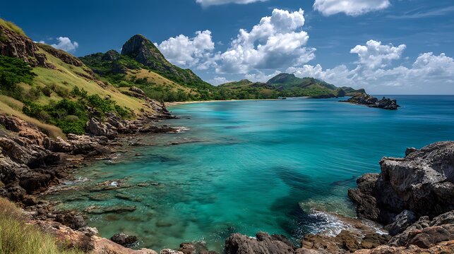 Tropical ocean bay showcases turquoise water meeting rocky coastline under.