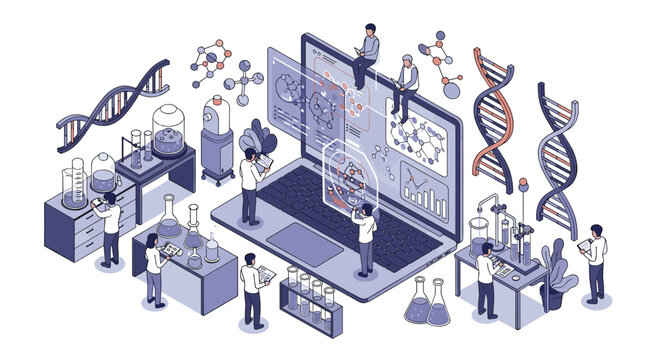 Biotechnology research lab with scientists working on DNA sequencing and genetic engineering using high tech equipment and computers.