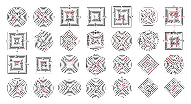 Set of various maze puzzles with different shapes including circular square and hexagonal labyrinths with solved red paths shown.