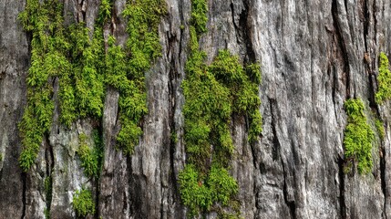 Obraz premium Detailed macro view of rough grey tree bark with vibrant green moss growth