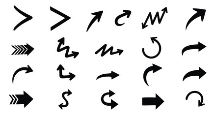 Collection of various black arrow shapes and directional indicators silhouette