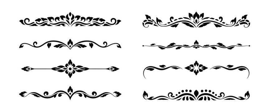Set of Thai Decorative Borders and Dividers Featuring Traditional Kanok Art Line Ornaments, Elegant Cultural Vector Collection for Page Layout, Invitations, and Luxury Design
