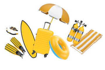 Colorful beach vacation objects including suitcase, fins, inflatable rings, surfboard and diving tank isolated on white background © Vasyl Onyskiv