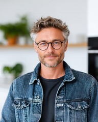 Obraz premium A middle-aged man with glasses and a denim jacket in a modern kitchen