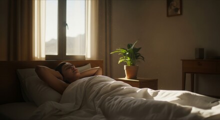 Fototapeta premium Peaceful young man sleeping soundly in a sunlit bedroom, waking up refreshed.