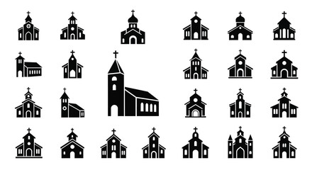 Collection of various church building designs in black silhouette
