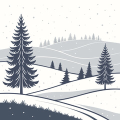 Fototapeta premium Serene Winter Landscape Illustration with Snow-Covered Rolling Hills and Majestic Evergreen Pine Trees Under Falling Snow