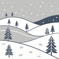 Obraz premium Minimalist Winter Landscape Illustration with Gently Rolling Snow Hills and Scattered Evergreen Pine Trees Amidst Falling Snow