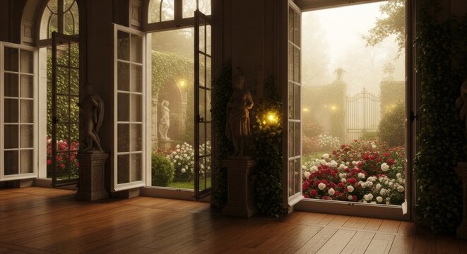 Elegant historic room with open French doors revealing a misty, blooming garden and classical statues.