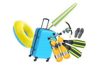 Colorful luggage, beachwear, and holiday accessories in a playful style on white background, summer vacation travel essentials © Vasyl Onyskiv
