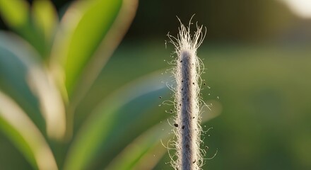 Obraz premium Delicate plant seed head with soft fibers catching golden hour light outdoors.