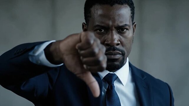 Man in suit gives thumbs down gesture looking directly at camera