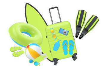 Colorful luggage, beachwear, and holiday accessories in a playful style on white background, summer vacation travel essentials © Vasyl Onyskiv