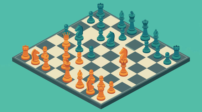 Isometric Chess Game Vector Illustration with Orange and Teal Pieces on Checkered Board