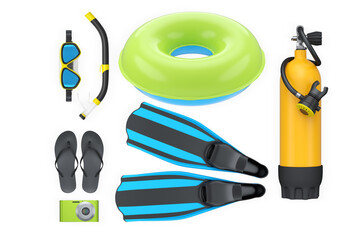 Scuba diving and beach gear set with flippers, snorkel, air tank, flip-flops, and float ring isolated on white background © Vasyl Onyskiv