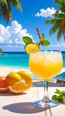 A refreshing cocktail on a sunny beach with palm trees and oranges