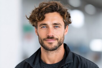 Obraz premium A young man with a beard and stylish haircut smiles softly