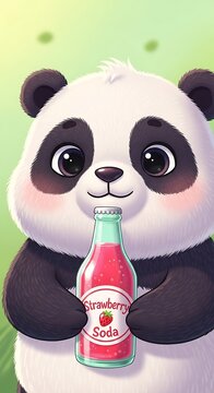 Cute panda holding raspberry soda bottle.