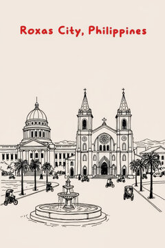 Roxas City, Philippines Pen Line Art Illustration of City Landmark and Travel Scene