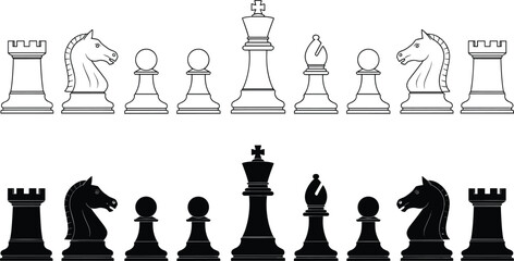 Chess Pieces Vector Illustration Set, Black and White King Queen Knight Rook Bishop Pawn Icons, Strategy Game Elements Isolated on White, © PaponKumar