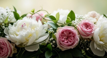 Fototapeta premium Elegant floral arrangement of delicate pink and white roses with lush green foliage.