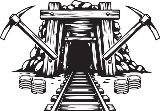 Underground mine entrance featuring wooden support beams with crossed pickaxes and gold coin stacks for mineral extraction industry concepts
