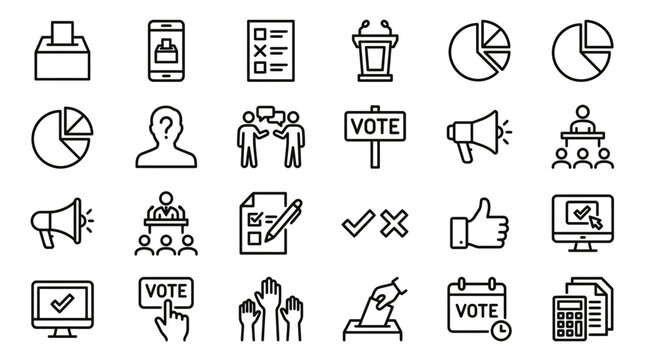 Set of line icons showing ballot boxes, voting forms, data charts and election symbols, concept for political campaign management, digital democracy and electoral survey design