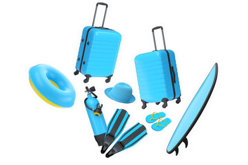Travel suitcase, snorkeling set, flippers, scuba tank, beach balls, and float ring on white background. Concept of summer vacation © Vasyl Onyskiv