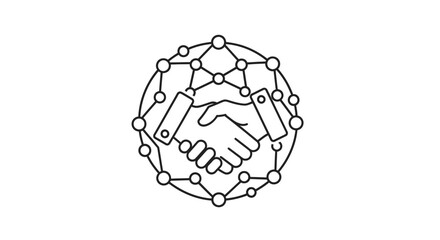 Global Partnership Network: Handshake Icon within Connected Network Sphere