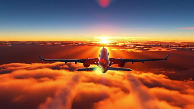 Commercial Jet Aircraft Soaring Above Fiery Clouds into the Golden Sunset with Contrails