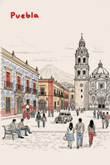 Obraz premium Puebla, Mexico Pen Line Art Illustration of City Landmark and Travel Scene