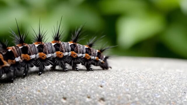 Extreme CloseUp Macro Shot of a Hairy Caterpillar with Black Orange and White Stripes Crawling on a Textured Stone Surface with a Soft Green Blurred Background.