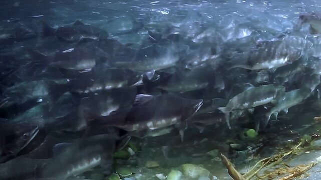Gliding beneath surface, lively group of salmon swims gracefully together. Light filters through water, illuminating their scales as they navigate river's rocky bed. Nature beauty is on full display.