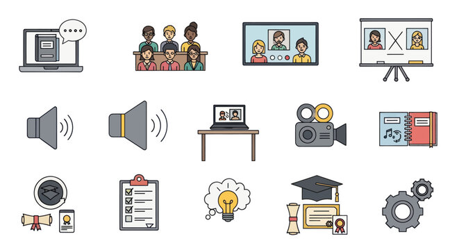 Colorful set of online education virtual meeting and digital communication technology icons.