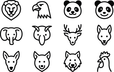Obraz premium Set of twelve black outlined animal head icons on transparent background