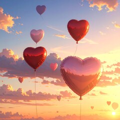 A serene sky with heart-shaped balloons floating gently
