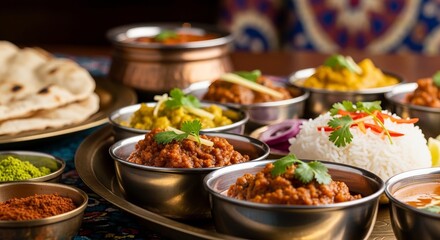 Fototapeta premium Abundant spread of flavorful Indian cuisine, rich with spices and garnishes, ready for sharing.