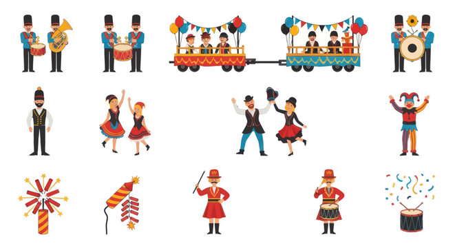 Colorful set of parade and carnival icons with marching band dancers floats and fireworks.