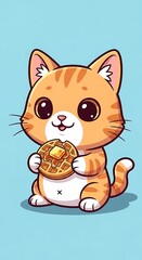 Fototapeta premium Cute cartoon cat eating a pizza.