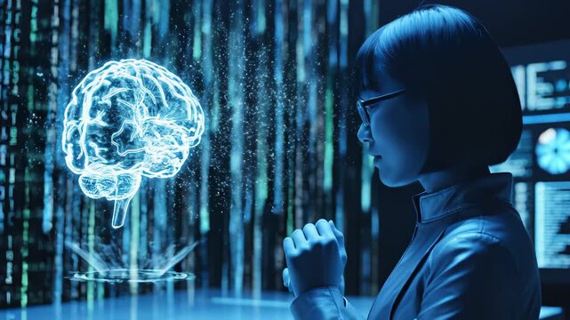 Woman interacting with digital brain model