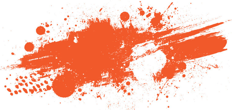 Orange paint splatters and brush strokes on white background abstract texture splash