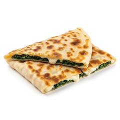 Illustration of delicious spinach and cheese quesadilla cut in half on white
