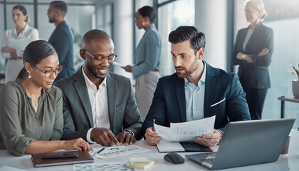Group of professional coworkers examining business reports and data at office desk while colleagues stand in background discussing project details during busy workday in contemporary workspace area