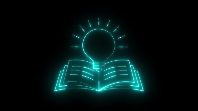 Glowing neon knowledge icon Animation on Black background. Concept ideas inspiration, invention, effective thinking, knowledge and education. black background. motion graphics. 4k video animation.