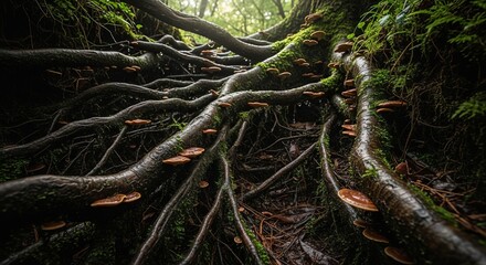 Fototapeta premium Intricate forest roots covered in moss and small mushrooms, revealing nature's hidden network.