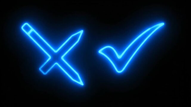 Neon symbols check mark and cross with pencil against black background