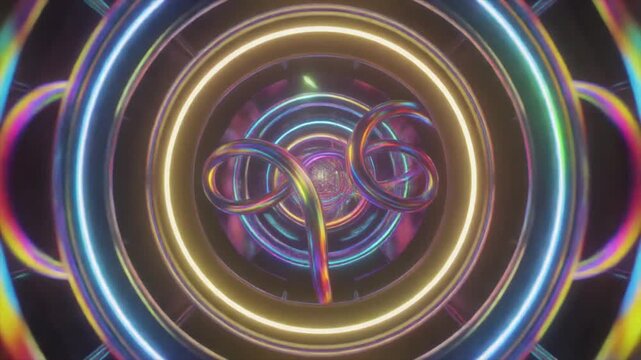 Futuristic looping multi colored holographic rings intersecting three dimensional space glowing softly seamless surreal ambience cascading softly cinematic loop version one