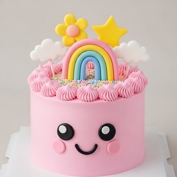 Illustration of a pink cake with a smiley face and colorful rainbow on top isolated on white background