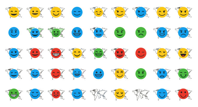 Colorful World Map Emoji Faces Collection: Happy, Sad, Winking, Grinning Emotions