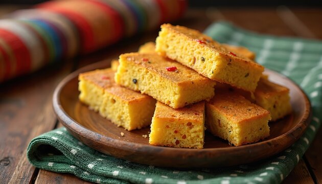 Paraguayan Sopa Paraguaya served in slices on rustic wooden plate with checkered napkin. Savory baked cornbread snack with herbs and peppers.